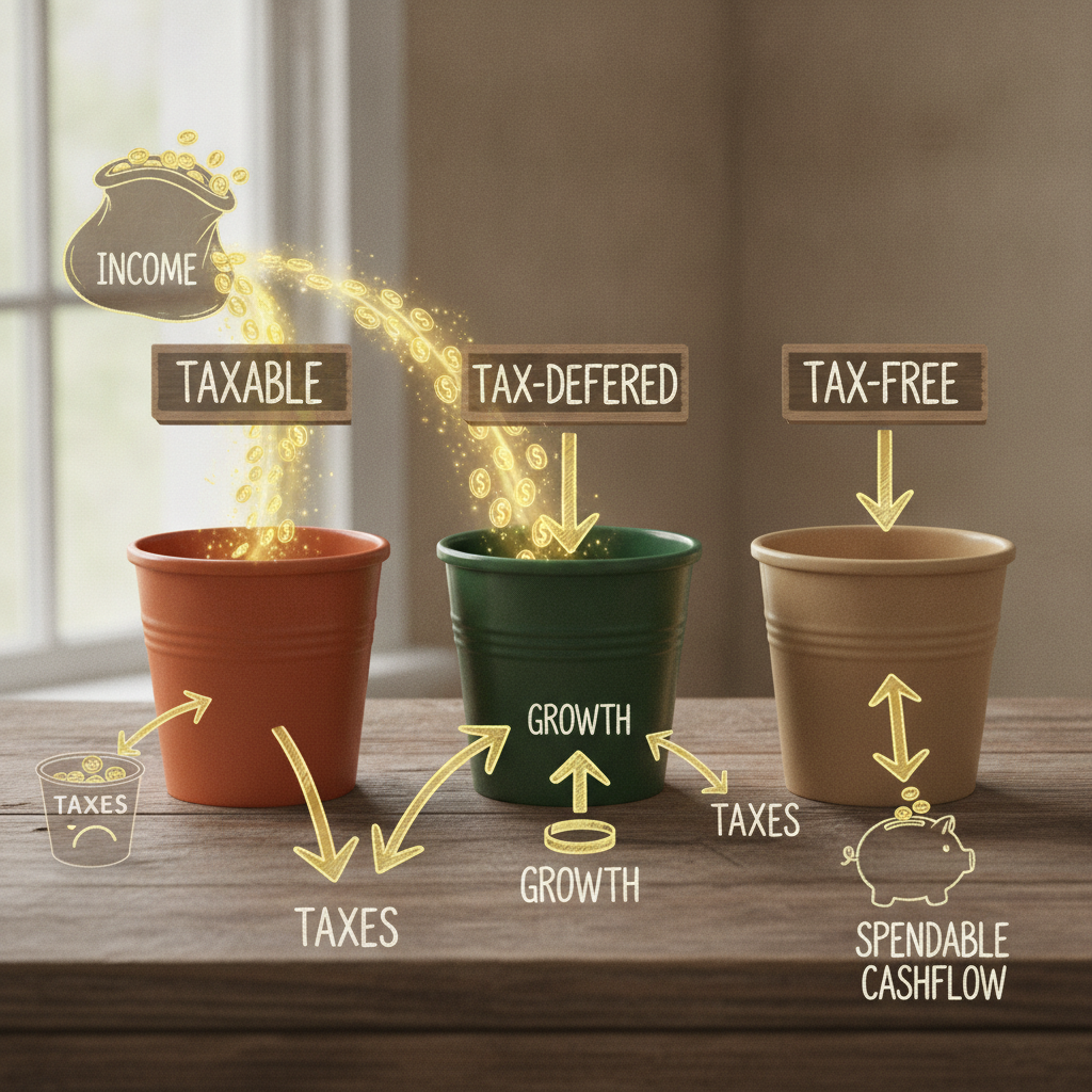 a visual diagram showing three labeled buckets representing taxable, tax-deferred, and tax-free accounts with arrows indicating income flows from each — cashflow investment