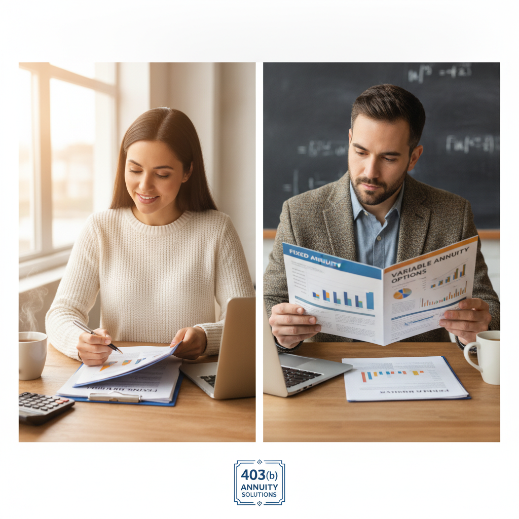 a split graphic showing two educators one reviewing a fixed annuity contract and the other reviewing a variable annuity brochure side by side at a desk — 403 b annuity