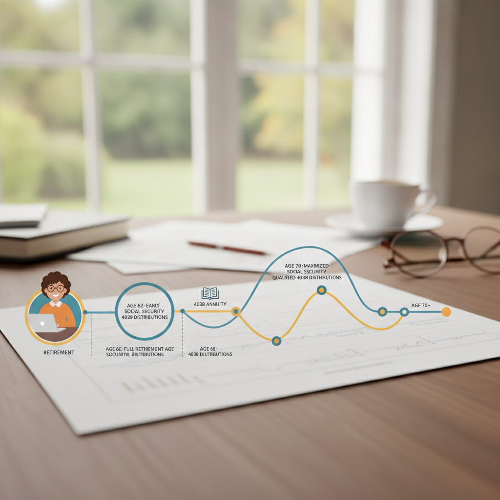 a timeline graphic showing a retired educator coordinating 403b annuity distributions with Social Security claiming age from retirement through age 70 and beyond — 403 b annuity