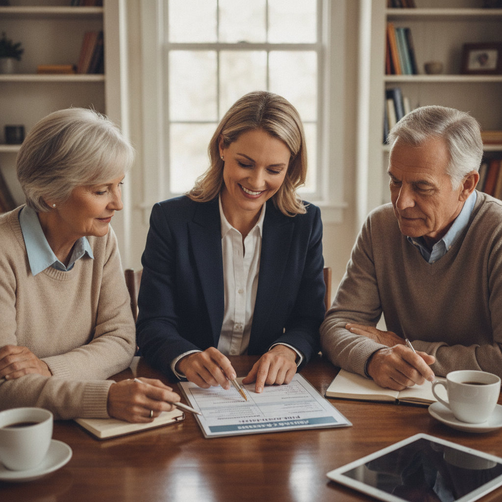 a financial advisor sitting with a retired educator couple reviewing a rollover comparison document showing 403b annuity options side by side with IRA alternatives — 403 b annuity