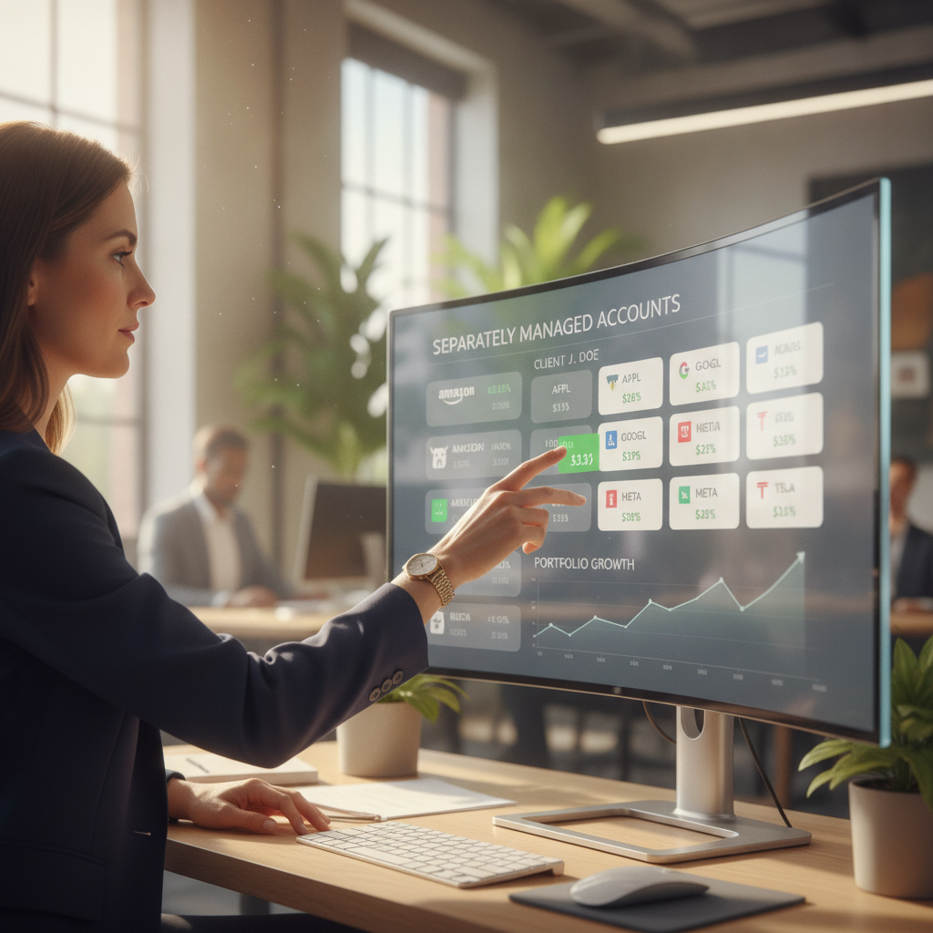 a financial advisor at a large monitor showing a transparent view of individually owned stock positions in a client portfolio dashboard — separately managed accounts