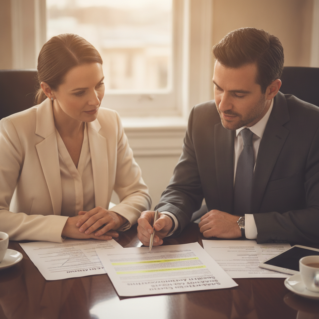 a wealth advisor and executive client sitting across a conference table reviewing a printed portfolio customization document with highlighted security exclusions — separately managed accounts