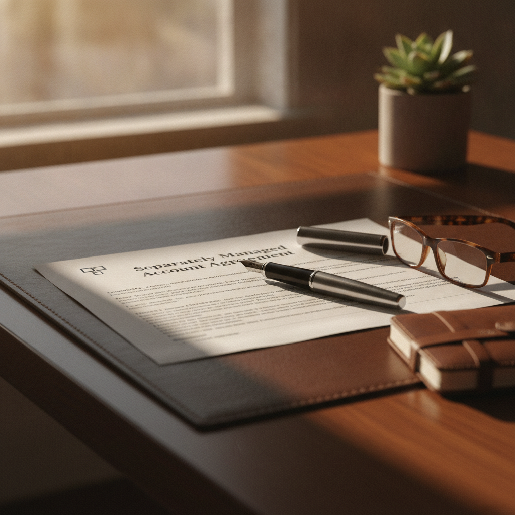 a close-up of a professional document titled Separately Managed Account Agreement on a polished desk alongside a pen and reading glasses — separately managed accounts