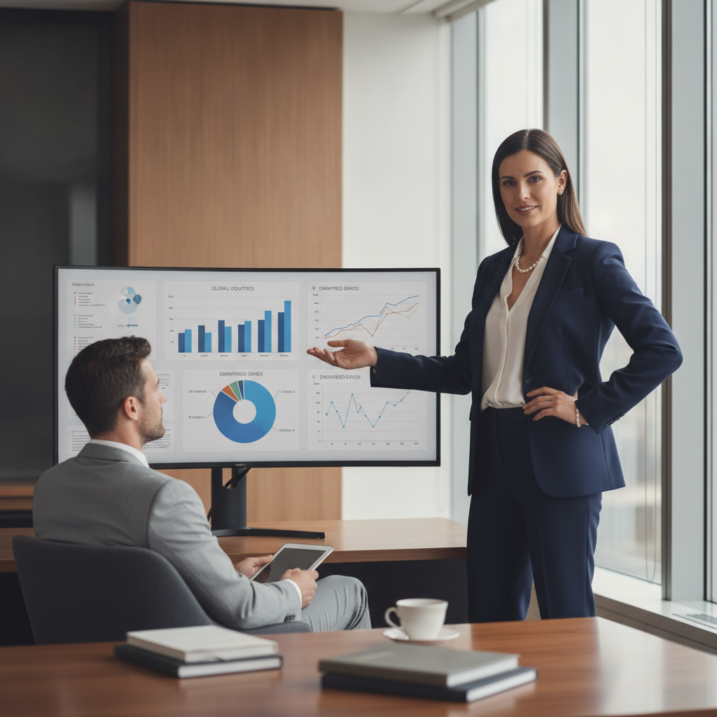a confident executive in a modern office reviewing multiple investment charts on a large monitor with a financial advisor seated nearby — different investment strategies