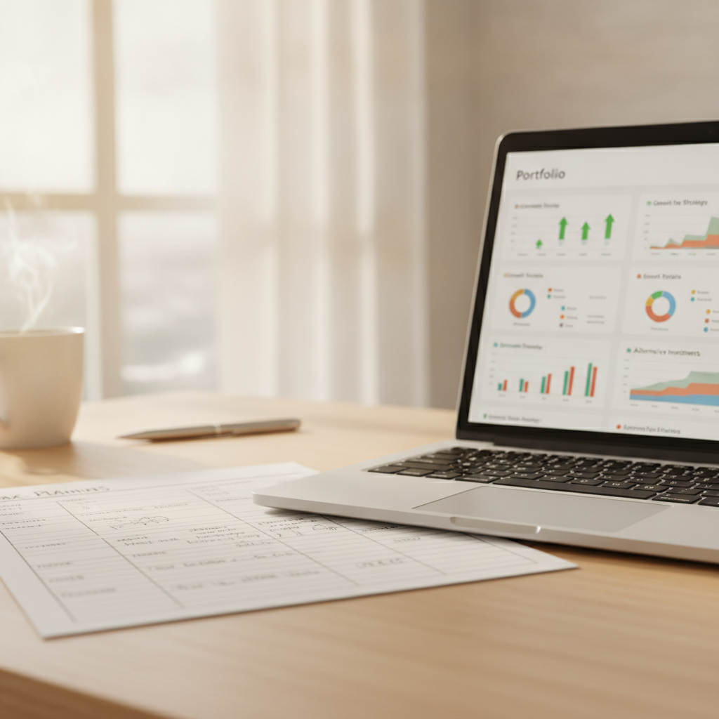 a close-up of a tax planning worksheet next to a laptop showing a portfolio dashboard with green and red performance indicators — different investment strategies
