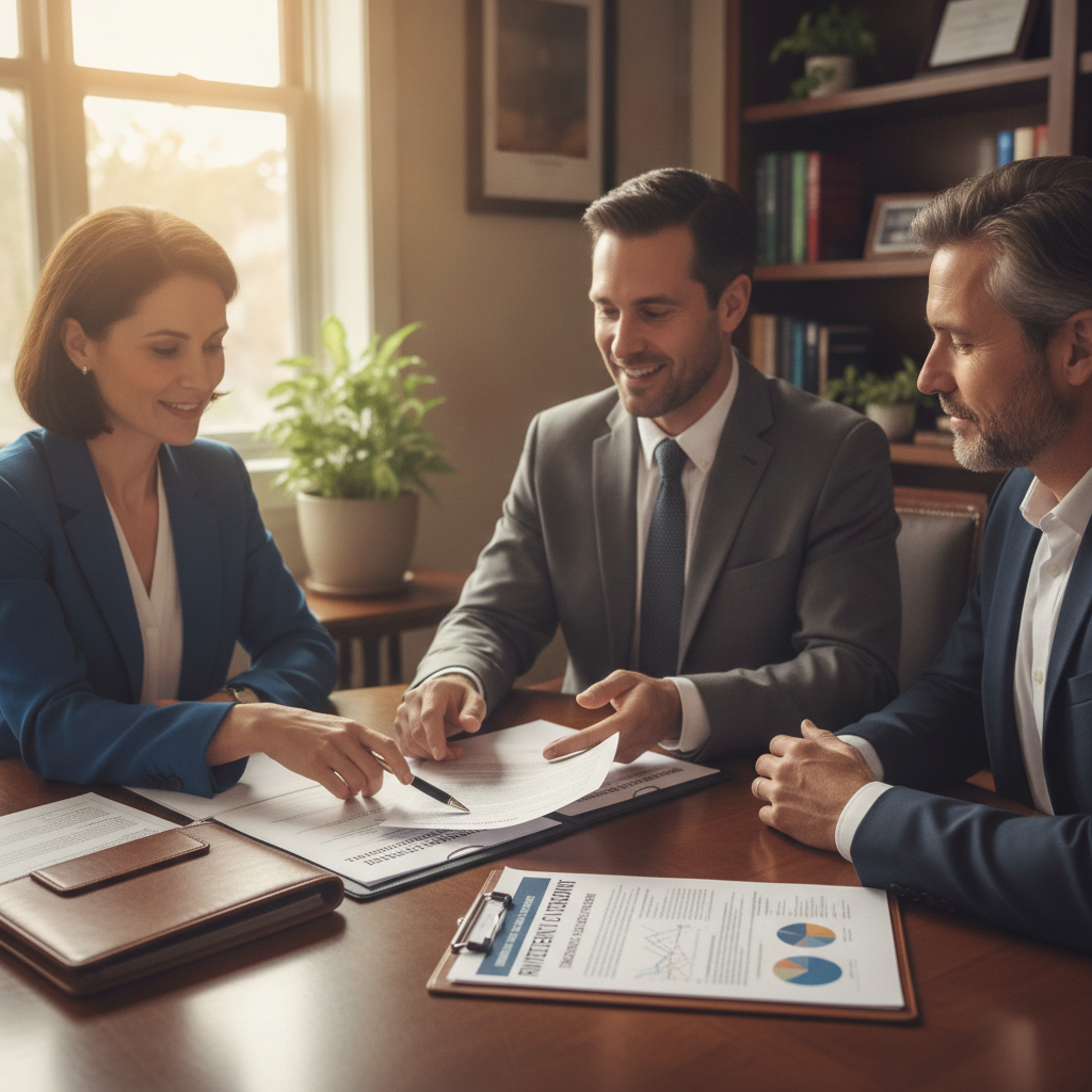 an estate attorney and financial advisor seated across from a couple at a conference table reviewing trust documents and a portfolio summary — different investment strategies